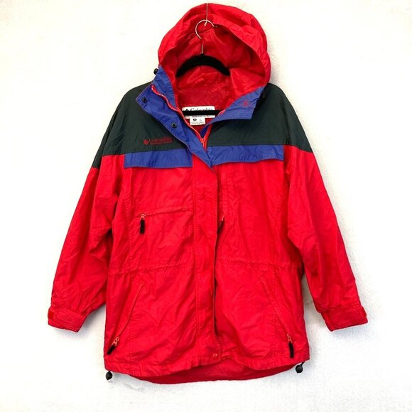 Vintage 90's Columbia Windbreaker Jacket Womens Size Medium Red Hooded Nylon - Picture 1 of 16